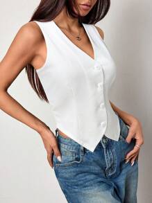 SHEIN Unity 1 pièce Débardeur ajusté tricoté à col en V sans manches de couleur unie pour femmes