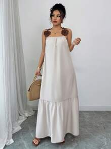 Rafferiza Váy nữ màu mơ thanh lịch, giản dị, phong cách Pháp, đa năng, có họa tiết hoa và viền xòe, mùa xuân/hè - Màu be - Xem 4