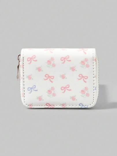 Kawaii Billetera corta con lazo floral y cremallera, diseño simple para mujer
