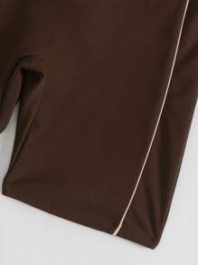 Swim SPRTY Springbreak Women Contrast Color Zipper Front Short Sleeve One-Piece Swimsuit With Shorts, Casual & Sun-Protective - Coffee Brown - View 3