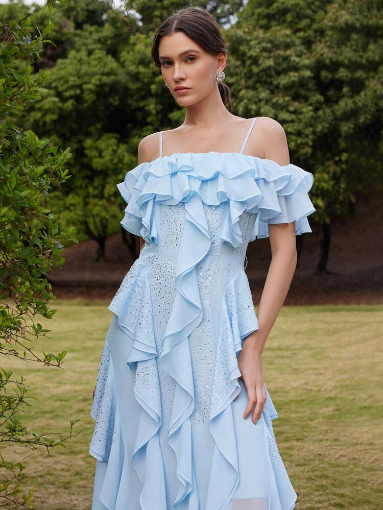 Fashionable & Elegant Chiffon Rhinestone Multi-Layered Ruffle Off Shoulder Sleeveless Women's Dress, Suitable For Festivals, Going Out, Vacation Outfits In Spring/Summer
