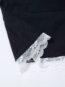 SHEIN Teen Girl's Black Elegant Square Neck Puff Sleeve Ruffle Trim Color Block Skater Dress - Black - View 7