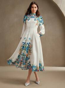 Anewsta Abito lungo con maniche lunghe e stampa floreale romantica ed elegante per le donne, adatto per le vacanze primaverili ed estive - Bianco - Visualizzare 3
