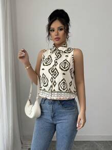 Chiquease 春夏时尚新款复古领无袖印花开襟衬衫，度假风格