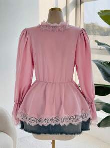 Flirla Plus Size Solid Color Splicing Long Sleeve Simple Casual Shirt