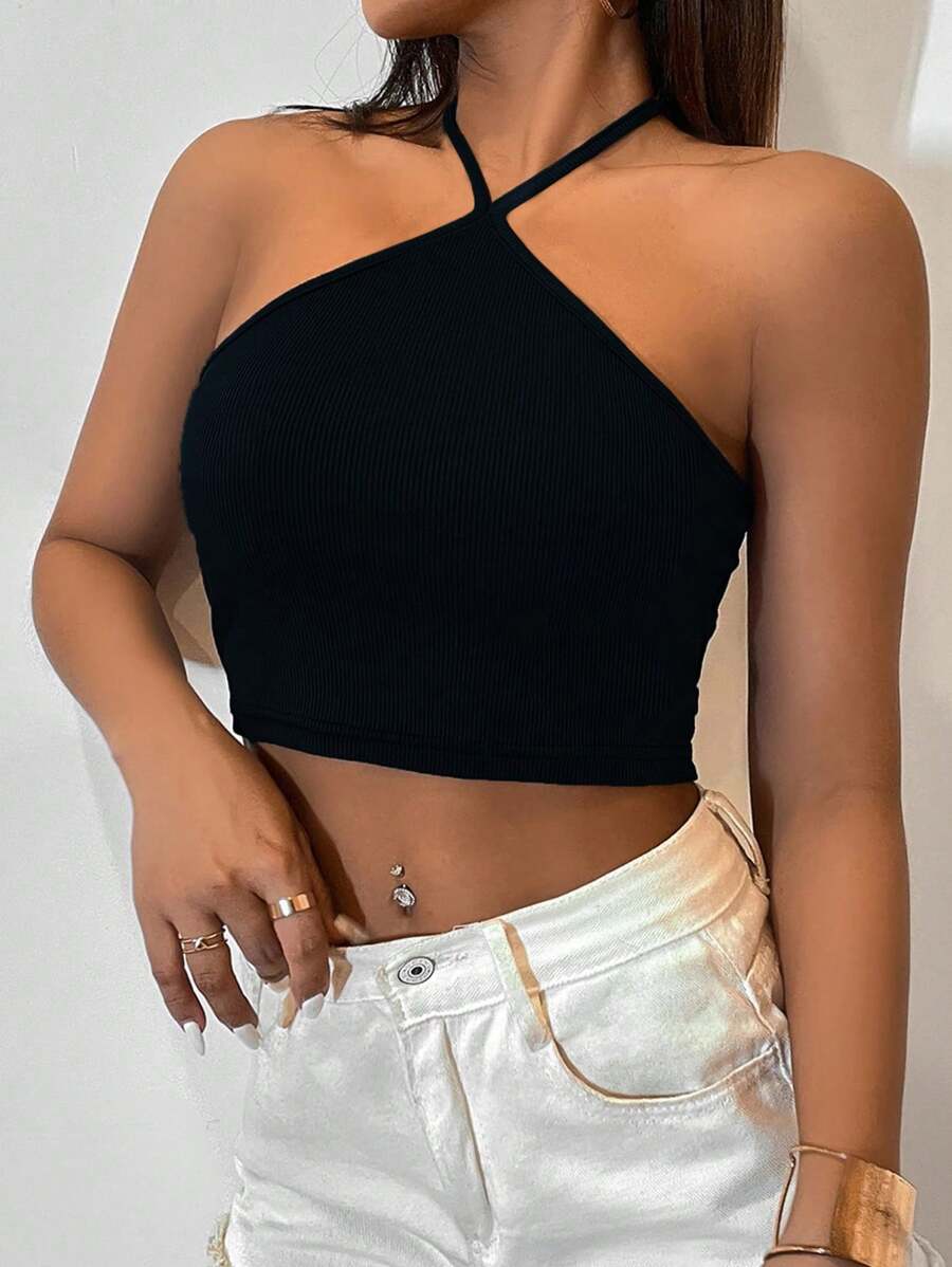 Breezaya Tie Back Crop Halter Top - Black - View 1