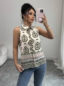 Chiquease 春夏时尚新款复古领无袖印花开襟衬衫，度假风格