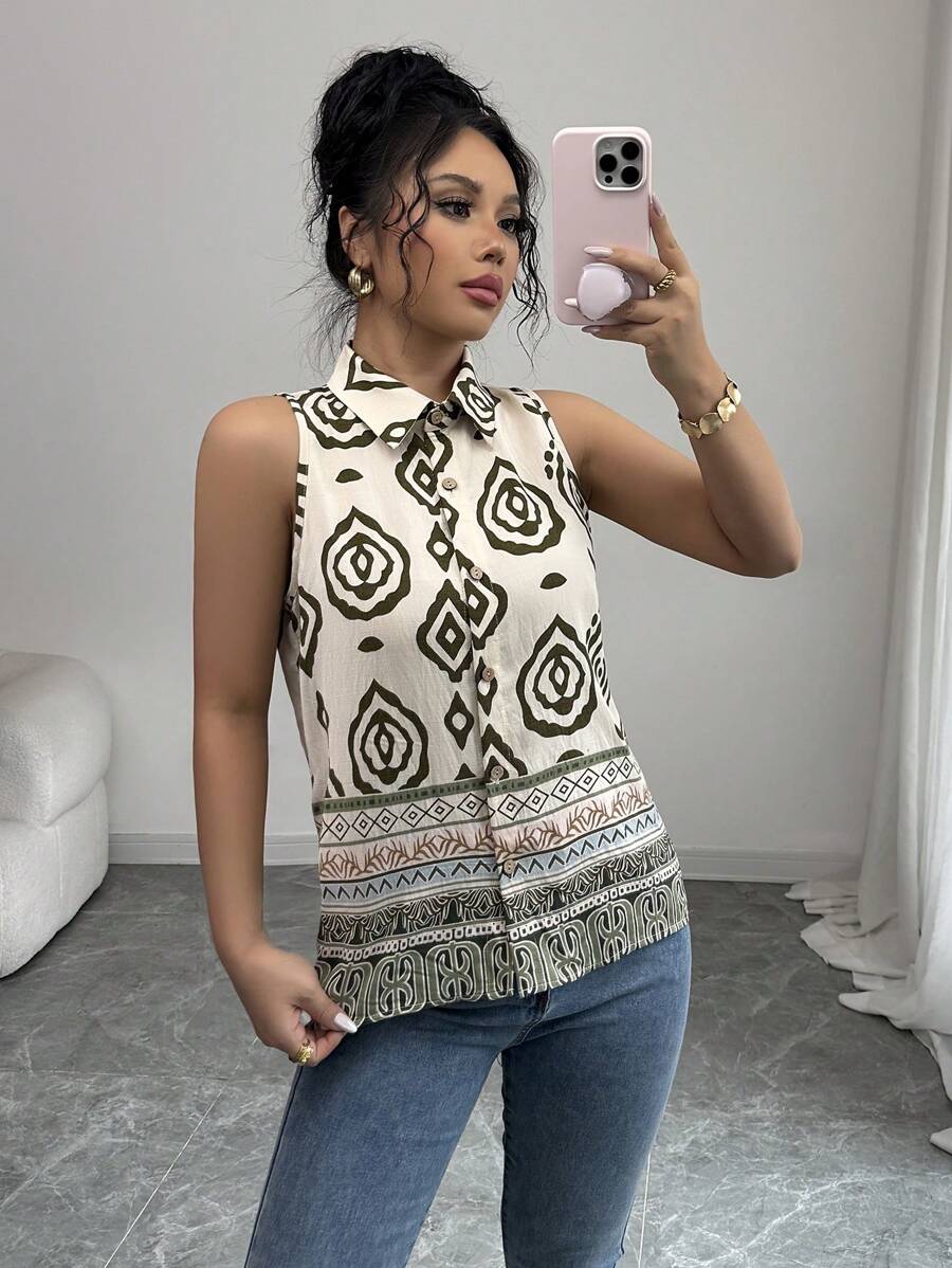 Chiquease 春夏时尚新款复古领无袖印花开襟衬衫，度假风格