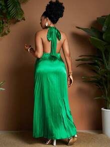 Maweii Plus Size Tie-Neck Ruched Long Dress For Vacation - Green - View 2
