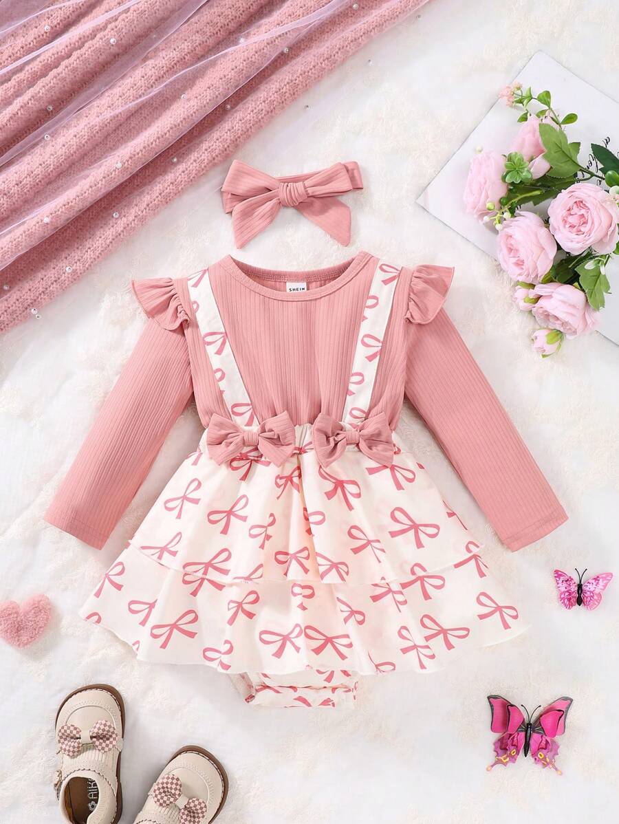Set bestehend aus Bodysuit mit Herz-Muster für Baby Mädchen, inklusive 2 Stücke Langarm Ribbed Oberteile mit Herz Grafik, klassische Mode für Partys & Ausgänge