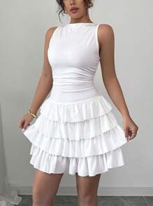 Chiquease 性感修身高领多层荷叶边下摆 AB 材质拼布白色连衣裙，女式，春夏 - 白色 - 查看 5