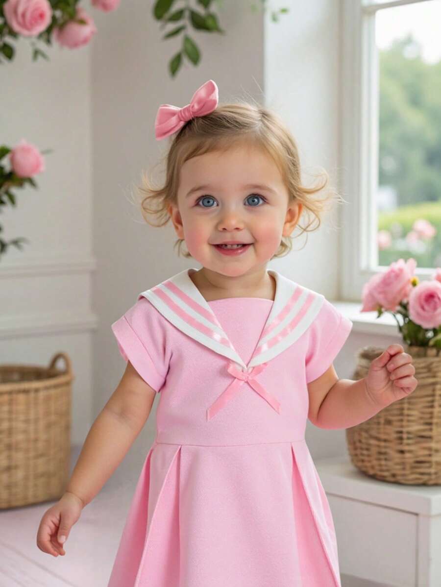 SHEIN Vestito da bambina stile marinaio, design gonna a-line per indossare comodamente, decorazione elegante a farfalla, primavera/estate - Multicolore - Visualizzare 1