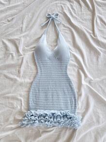 Soleia Vacation Halter Backless Ruffle Trim Knit Sweater Dress - Baby Blue - View 6