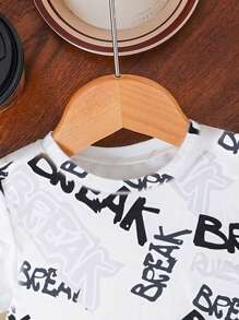 Young Boy Casual Minimalist Stylish Cool Letter Full Print Short Sleeve Round Neck T-Shirt, Suitable For Summer - White - View 3