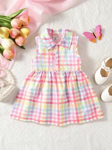 SHEIN Vintaside Kids Baby Girl Thin Plaid Colorful Polo Collar Sleeveless Cute Sweet Dress, Suitable For Playing In Summer - Multicolor - View 9