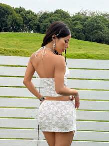 Comfortcana 2pcs/Set Women Floral Lace Tassel Hem Halter Top And Midi Skirt, Fashion