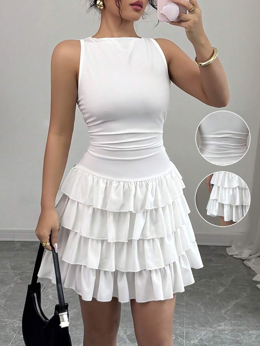 Chiquease 性感修身高领多层荷叶边下摆 AB 材质拼布白色连衣裙，女式，春夏 - 白色 - 查看 1