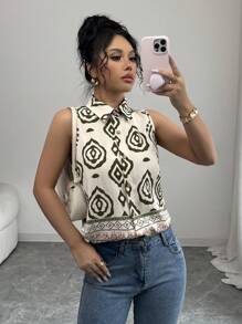 Chiquease 春夏时尚新款复古领无袖印花开襟衬衫，度假风格