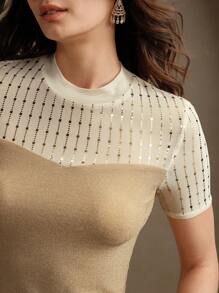 Anewsta Women's Elegant Romantic Modern Sheer Mesh Gold Sequin T-Shirt Top Blouse, Suitable For Spring/Summer Outfits