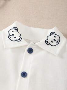 SHEIN Newborn Baby Bear Embroidery Short Sleeve Shirt And Striped Bib Shorts 2Pcs Set - Black and White - View 5