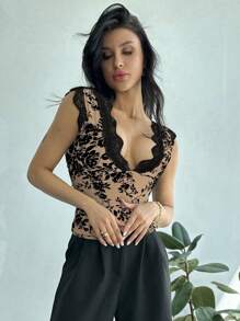 Firerie Women's Deep V-Neck Flocked Floral Print Bodycon Backless Camisole Top - Brown - View 4