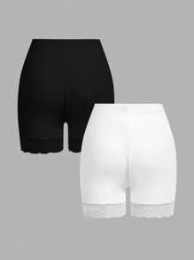 SHEIN 2pcs Tween Girls Leggings Set - Black & White Lace Trim Cropped Snug Fit Pants, Elegant Style - Black and White - View 2