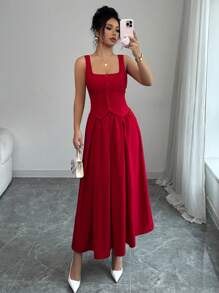 xheRafferiza Conjunto de chaleco sin mangas de cuello cuadrado y botón único con falda plisada acampanada informal y versátil para mujerxhe - Rojo - Ver 6