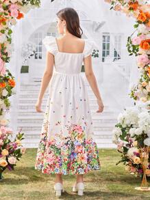 青少年女孩休闲简约拼布盖袖花卉印花连衣裙，日常穿着