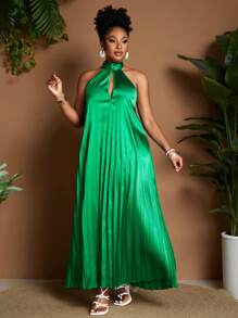 Maweii Plus Size Tie-Neck Ruched Long Dress For Vacation - Green - View 4