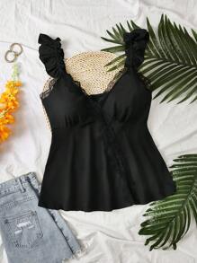 INAWLY Plus Size Casual Solid Color Lace Trim Camisole - Black - View 1