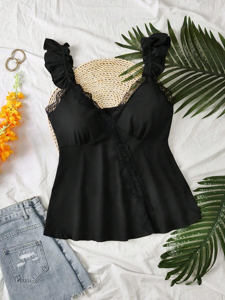 INAWLY Plus Size Casual Solid Color Lace Trim Camisole - Black - View 1