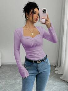 Elenzga 性感 V 领紧身长袖衬衫，带侧褶，罗纹针织白色女上衣，秋冬款