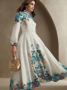 Anewsta Abito lungo con maniche lunghe e stampa floreale romantica ed elegante per le donne, adatto per le vacanze primaverili ed estive - Bianco - Visualizzare 4