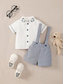 SHEIN Newborn Baby Bear Embroidery Short Sleeve Shirt And Striped Bib Shorts 2Pcs Set - Black and White - View 1