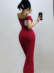 INAWLY 女士方领修身长款休闲连衣裙，纯色 - 紅色 - 查看 3