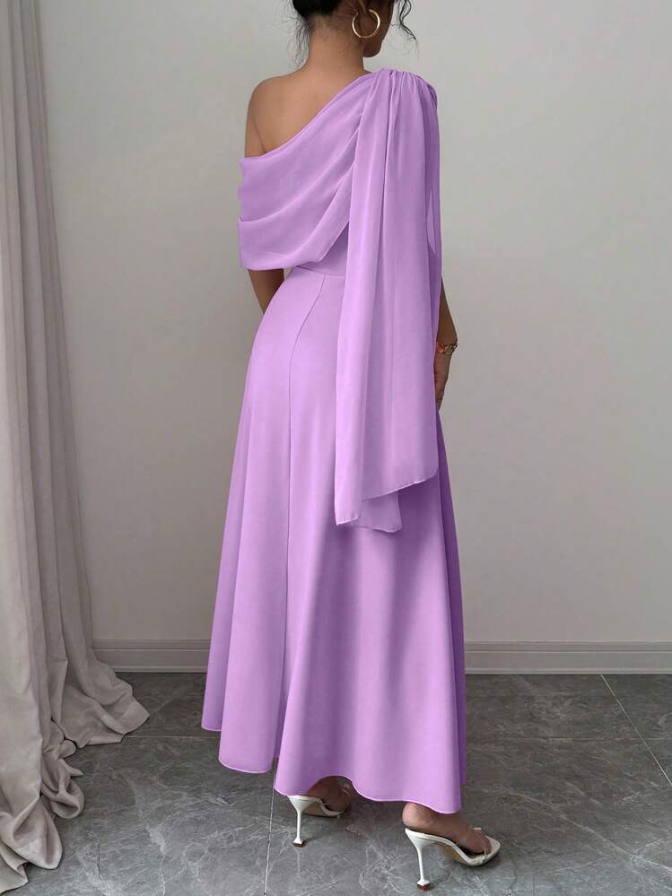 Rafferiza French Elegant Chiffon Asymmetrical Asymmetrical Ruffle Open Shoulder Daily Fashion Dress, Pink Midi Dress For Women, Spring/Summer - Purple - View 2