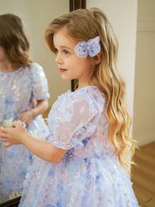Elladie kids Newly Launched Little Girl's Round-Neck Short-Sleeved Three-Dimensional Butterfly Net Yarn Cinched-Waist Dress For Formal Occasions. It's Comfortable, Fashionable, Elegant, Sweet, Lovely, Like A Princess Dress For A Lady. - Blue - View 1