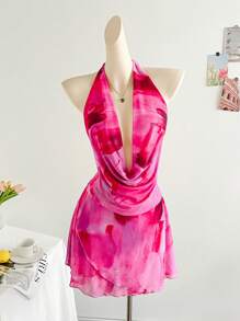 Soleia 春夏季假期垂坠领口露背网眼荷叶边不对称露背迷你连衣裙，适合度假、约会、下午茶、度假、音乐节、波西米亚风、沙滩装 - 玫紅色 - 查看 1