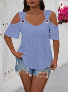 SHEIN LUNE Plus Size Metallic Decor Jacquard Cold Shoulder Top For New Year Clothes - Dusty Blue - View 3
