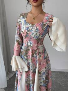 Modelyn Women's Woven Printed Patchwork Solid Color Double-Layer Ruffle Long Sleeve Bodycon Dress Fall Cloth For Women - Pink - View 7