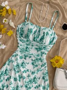 Soleia 女士春夏假期蓝白花卉网眼吊带裙 - 綠色 - 查看 7