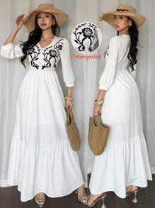 Breezaya 时尚可爱休闲度假日常百搭 V 领无袖花卉印花收腰分层 A 字型白色连衣裙，适合女士，春夏 - 白色 - 查看 2