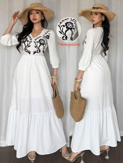 Breezaya Vestido blanco con estampado floral, escote en V, sin mangas, cintura ceñida y falda con volantes, versátil para uso casual, de vacaciones o diario, para damas, primavera/verano