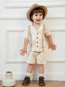 SHEIN Baby Boy 2pcs/Set Lapel Collar Short Sleeve Casual Shirt With Embroidery And Elastic Waist Solid Color Straight Shorts Set - Apricot - View 6