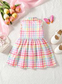SHEIN Vintaside Kids Baby Girl Thin Plaid Colorful Polo Collar Sleeveless Cute Sweet Dress, Suitable For Playing In Summer - Multicolor - View 2