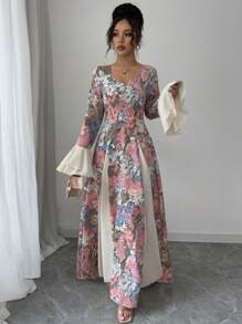 Modelyn Women's Woven Printed Patchwork Solid Color Double-Layer Ruffle Long Sleeve Bodycon Dress Fall Cloth For Women - Pink - View 5