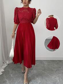 Rafferiza Vestido elegante de manga corta, plisado, de color liso y corte sencillo de moda - Rojo - Ver 6