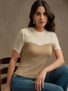 Anewsta Women's Elegant Romantic Modern Sheer Mesh Gold Sequin T-Shirt Top Blouse, Suitable For Spring/Summer Outfits