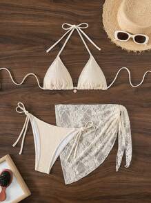 SHEIN Springbreak 女士三件套：系带吊带性感比基尼泳装，带罩衫，适合夏季海滩 - 米色 - 查看 1