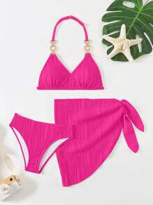 SHEIN Tween 女童纯色吊带比基尼套装，带度假用罩裙 - 玫紅色 - 查看 3